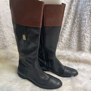 COLE HAAN Leather Black & Brown Riding Knee High Boots, SZ8.5B side zipper